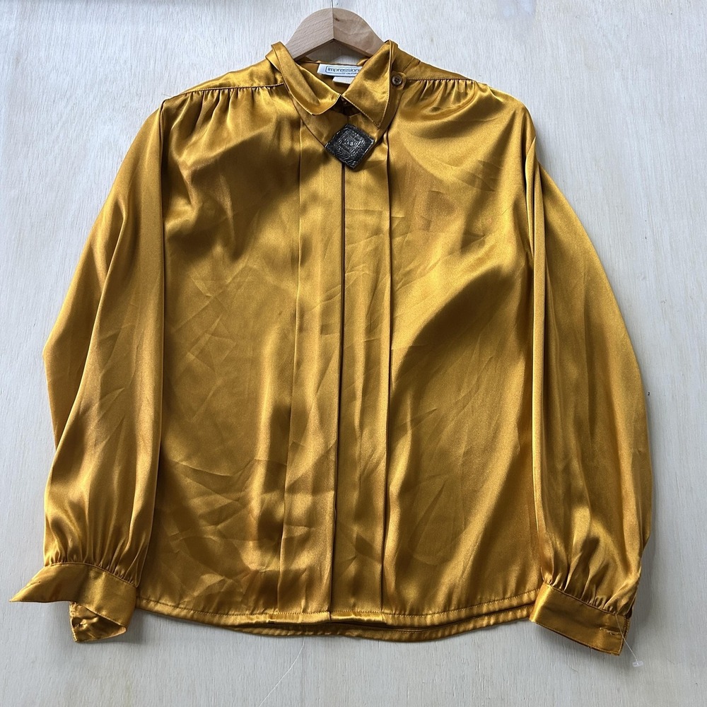 Vintage Impressions Of California Blouse Womens L Gold Satin Pleated Button Top
